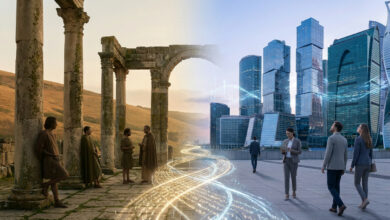 Image composite d'une scène antique (ruines, hommes en toges) et d'une ville moderne (gratte-ciel, gens) reliées par des flux lumineux.