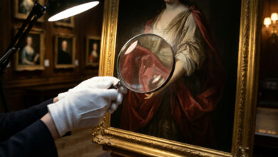 Personne gantée examine un tableau classique à la loupe sous une lampe. Scrutin d'authenticité dans une galerie.
