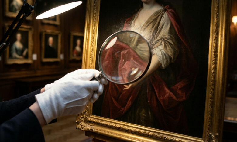 Personne gantée examine un tableau classique à la loupe sous une lampe. Scrutin d'authenticité dans une galerie.