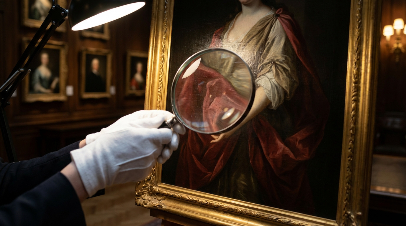 Personne gantée examine un tableau classique à la loupe sous une lampe. Scrutin d'authenticité dans une galerie.