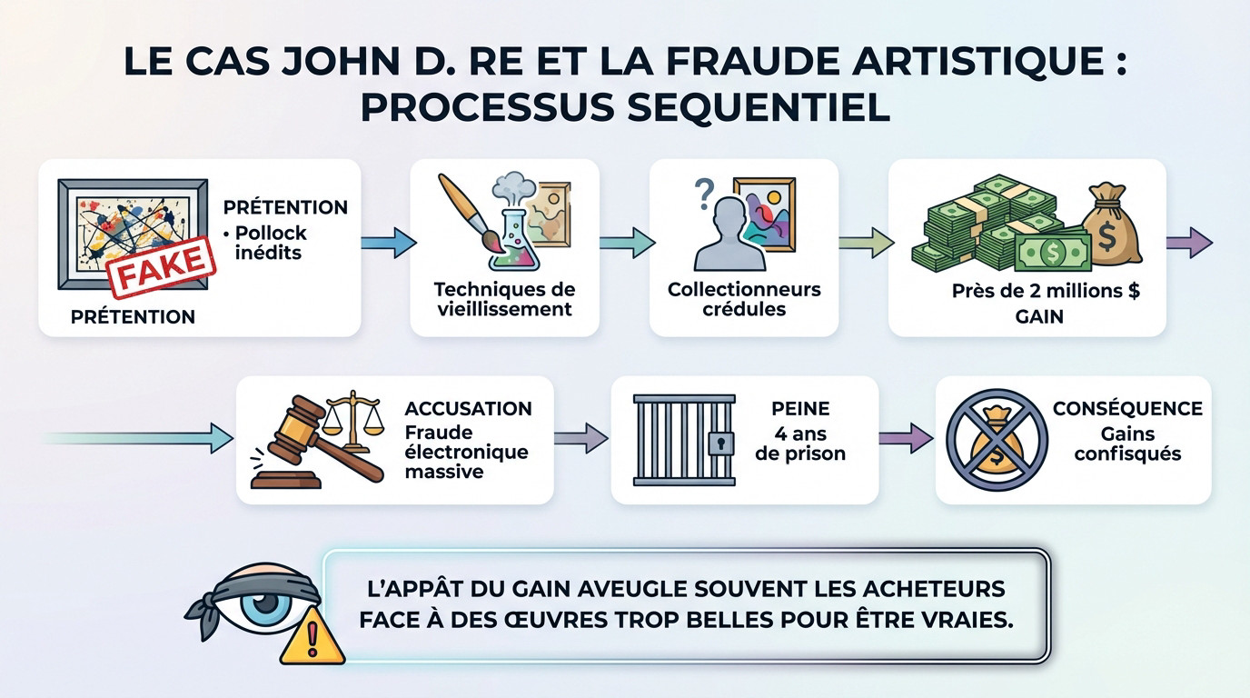 Infographie détaillant la méthode de falsification et de vente de John D. Re