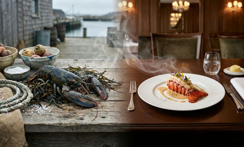 Image divisée : homard cru sur un quai rustique et homard cuit dans un plat gastronomique, en salle de restaurant élégante.