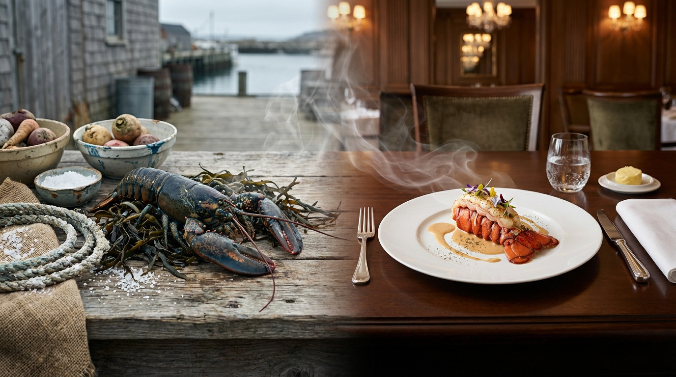 Image divisée : homard cru sur un quai rustique et homard cuit dans un plat gastronomique, en salle de restaurant élégante.