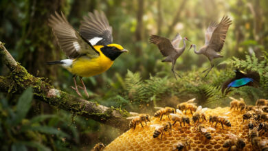 Un oiseau jaune et noir en vol, des grues qui dansent, un oiseau de paradis et des abeilles sur un nid d'abeilles dans une forêt luxuriante.