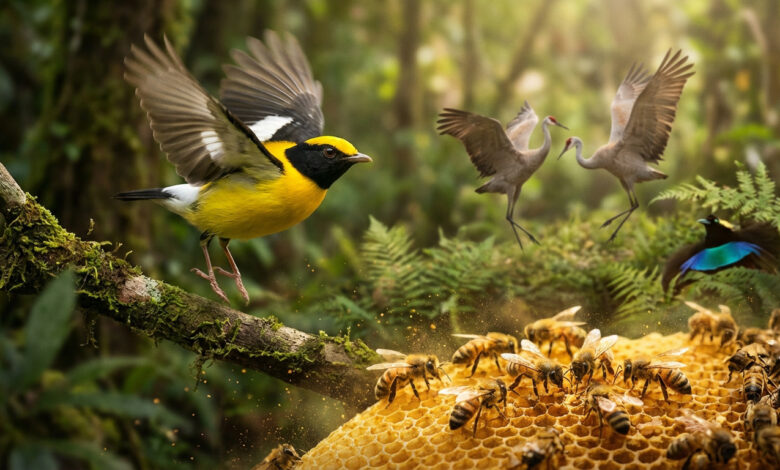 Un oiseau jaune et noir en vol, des grues qui dansent, un oiseau de paradis et des abeilles sur un nid d'abeilles dans une forêt luxuriante.