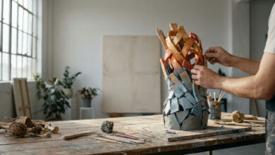 Mains d'artiste assemblant une sculpture abstraite. La pièce évolue de fragments froids à des formes chaudes et fluides, dans un atelier lumineux.