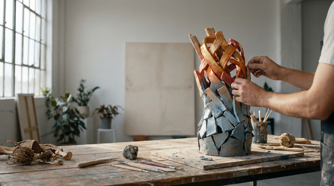 Mains d'artiste assemblant une sculpture abstraite. La pièce évolue de fragments froids à des formes chaudes et fluides, dans un atelier lumineux.