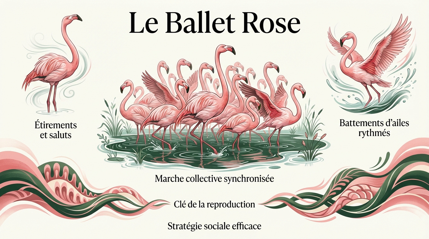Parade nuptiale synchronisée de flamants roses dans leur habitat naturel