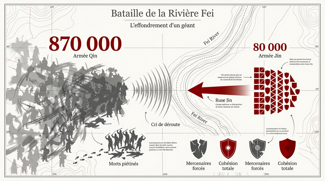 Représentation artistique de la débâcle des troupes Qin à la rivière Fei
