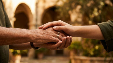 Deux mains, l'une âgée et l'autre jeune, se tiennent avec tendresse. La main jeune enveloppe l'ancienne sur fond d'arches floues.