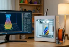 Bureau avec écran affichant une interface de tranchage 3D et imprimante 3D en cours d'impression multi couleurs