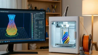 Bureau avec écran affichant une interface de tranchage 3D et imprimante 3D en cours d'impression multi couleurs
