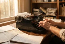 Journaliste tapant sur une machine à écrire mécanique