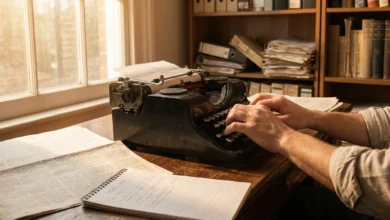 Journaliste tapant sur une machine à écrire mécanique