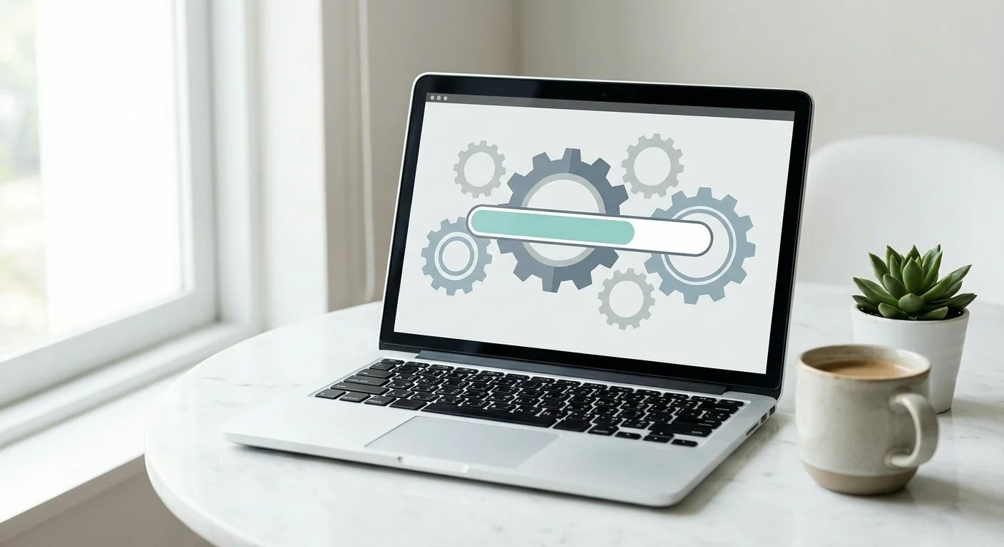 Écran d'ordinateur affichant une page de maintenance avec des engrenages et une barre de progression sur un bureau lumineux