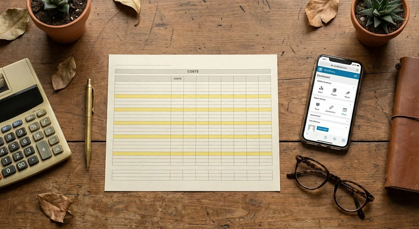 Vue aérienne d'un bureau avec un tableur de coûts imprimé, une calculatrice et un smartphone affichant WordPress