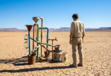 Un homme observe un système de tuyaux colorés collectant des gouttes d'eau dans un désert aride et craquelé.
