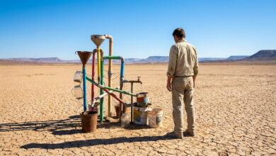 Un homme observe un système de tuyaux colorés collectant des gouttes d'eau dans un désert aride et craquelé.