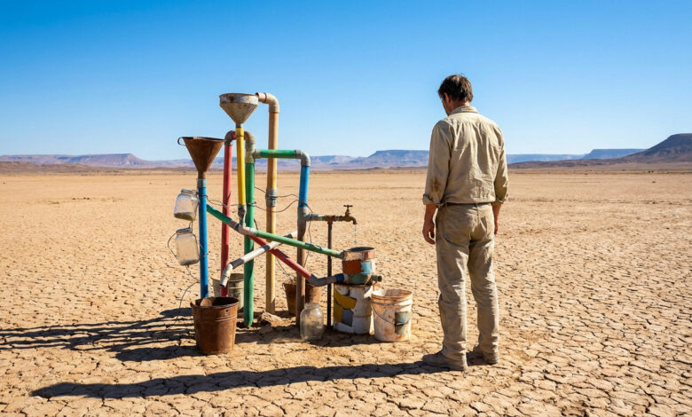 Un homme observe un système de tuyaux colorés collectant des gouttes d'eau dans un désert aride et craquelé.