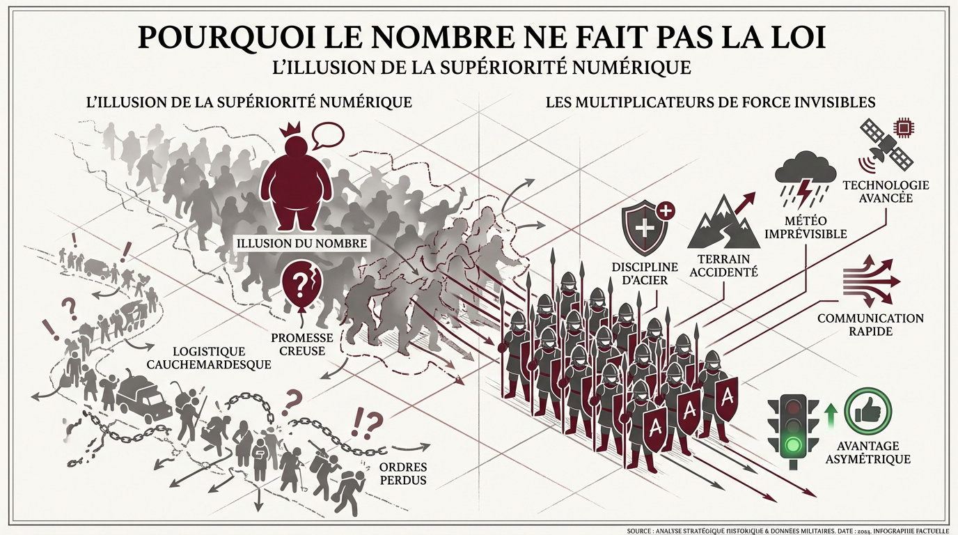 Représentation symbolique d'une petite force organisée face à une armée massive