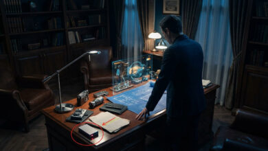 Homme en costume face à un écran holographique interactif sur un bureau d'étude, avec indices et boîtier rouge lumineux.