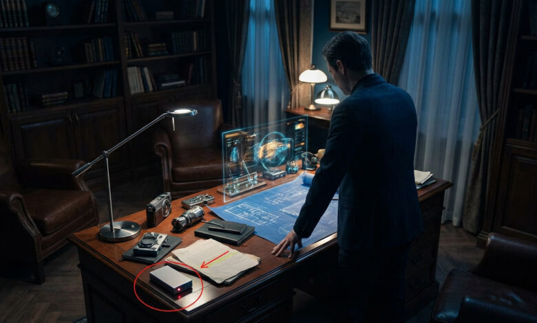 Homme en costume face à un écran holographique interactif sur un bureau d'étude, avec indices et boîtier rouge lumineux.