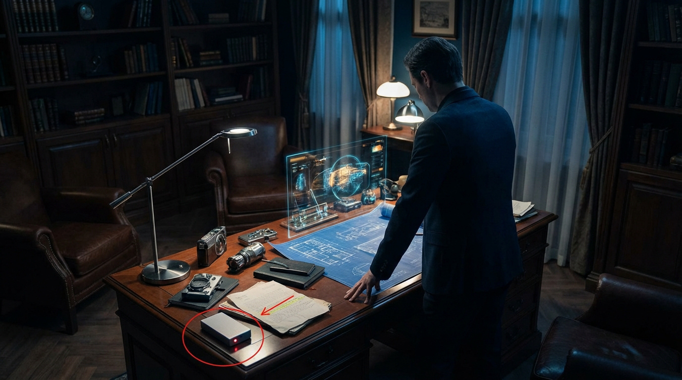 Homme en costume face à un écran holographique interactif sur un bureau d'étude, avec indices et boîtier rouge lumineux.
