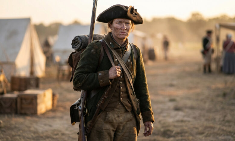 Femme soldat historique en uniforme colonial, portant mousquet et équipement, dans un campement militaire au coucher du soleil.