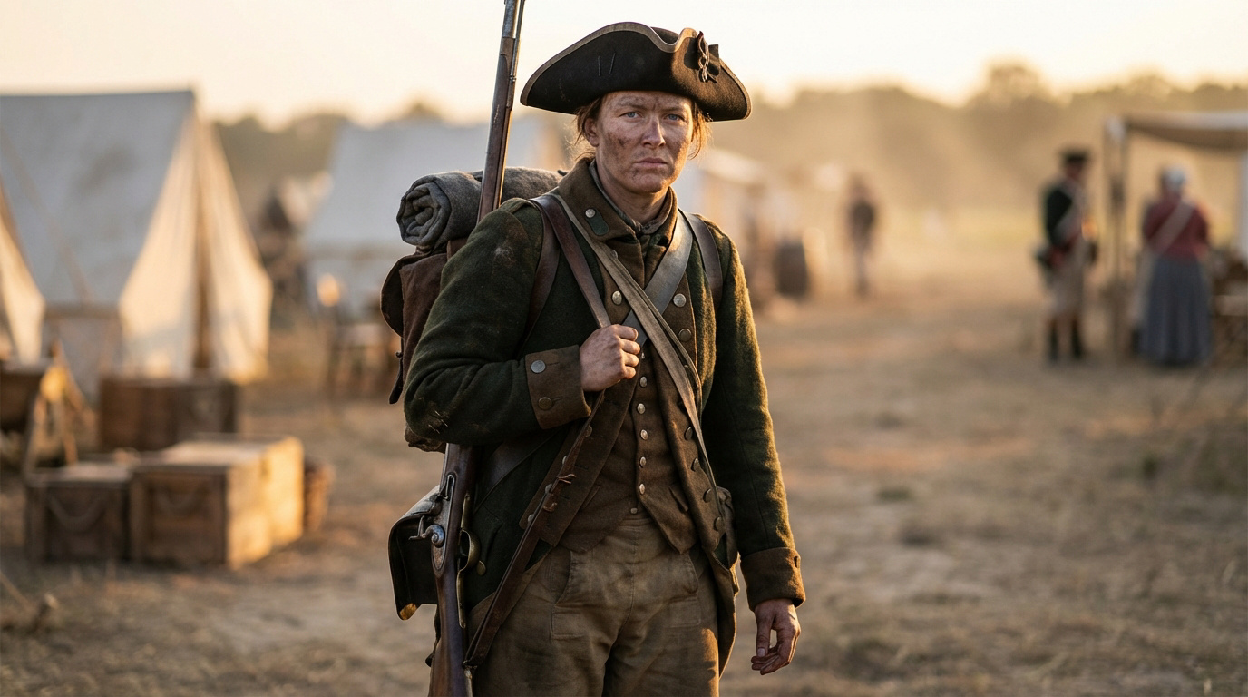 Femme soldat historique en uniforme colonial, portant mousquet et équipement, dans un campement militaire au coucher du soleil.