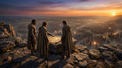 Trois guerriers consultent une carte sur une falaise rocheuse, surplombant une vaste armée rassemblée dans une vallée brumeuse à l'aube.