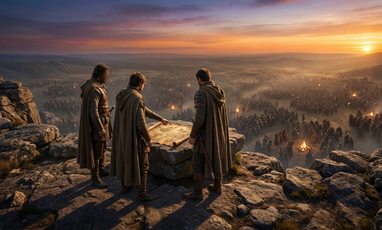 Trois guerriers consultent une carte sur une falaise rocheuse, surplombant une vaste armée rassemblée dans une vallée brumeuse à l'aube.