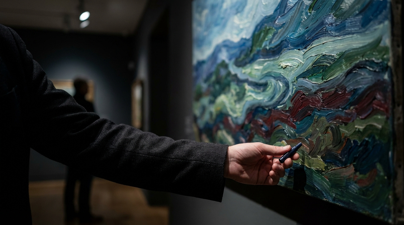 Main tenant un crayon bleu devant une toile texturée aux couleurs vives dans une galerie d'art, suggérant un acte de vandalisme.