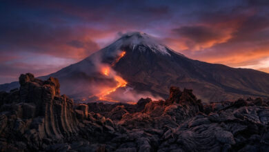 Volcan enneigé en pleine éruption, la lave incandescente coule sur ses flancs. Le ciel crépusculaire est teinté d'orange et de violet, avec des roches volcaniques au premier plan.