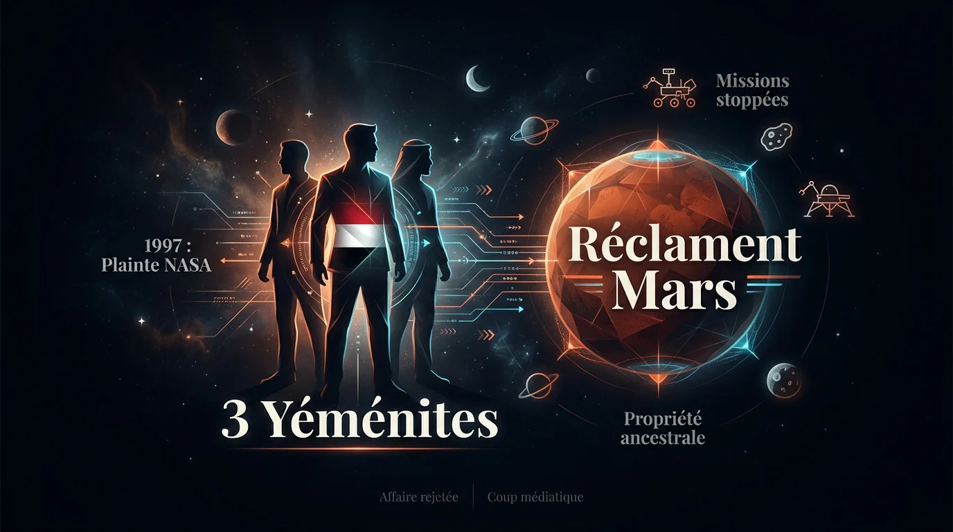 Illustration des trois hommes yéménites revendiquant la propriété de la planète Mars face à la NASA
