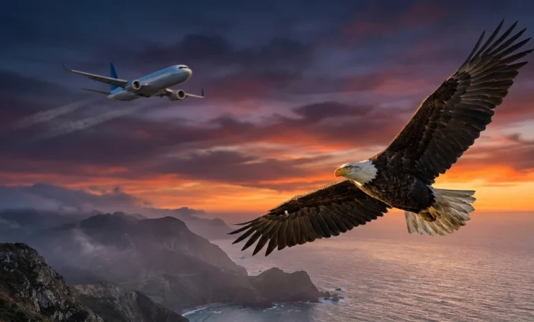 Un aigle majestueux survole l'océan au coucher du soleil, un avion de ligne en arrière-plan. Paysage montagneux.