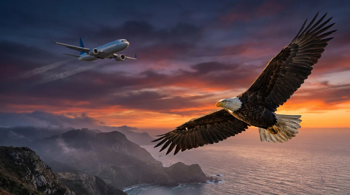 Un aigle majestueux survole l'océan au coucher du soleil, un avion de ligne en arrière-plan. Paysage montagneux.
