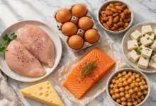 Sélection des aliments les plus riches en protéines sur un plan de travail