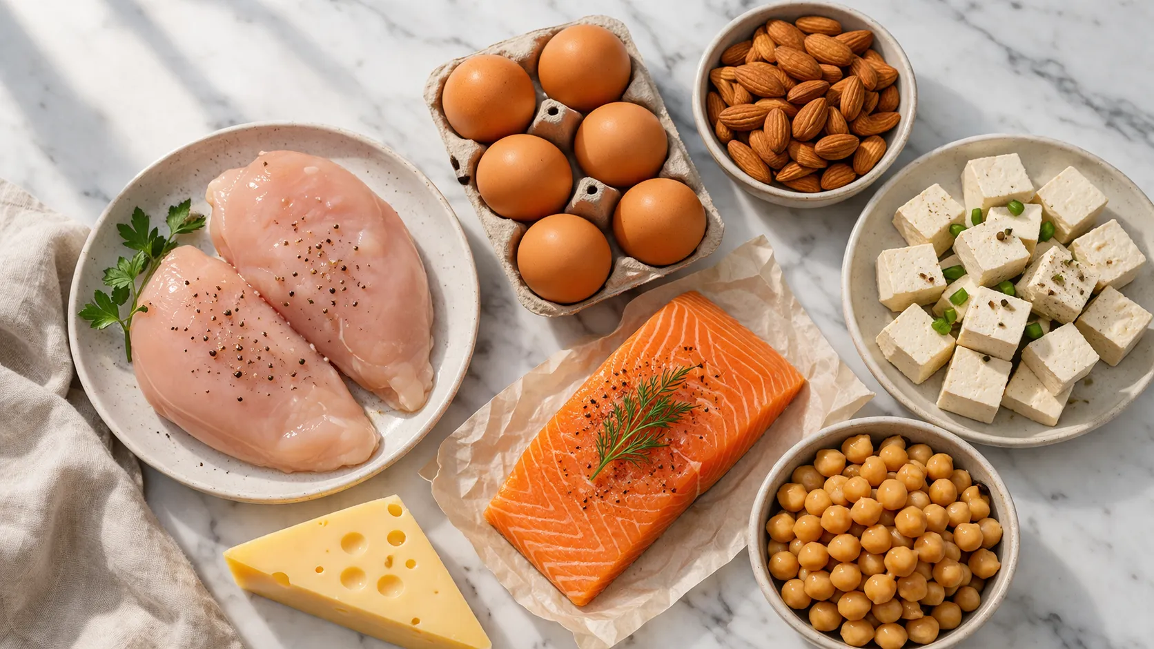 Sélection des aliments les plus riches en protéines sur un plan de travail