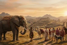 Scène de domestication : un éléphant, lama, cheval et chien avec des figures de civilisations anciennes dans un paysage aride.