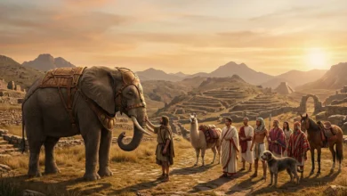 Scène de domestication : un éléphant, lama, cheval et chien avec des figures de civilisations anciennes dans un paysage aride.