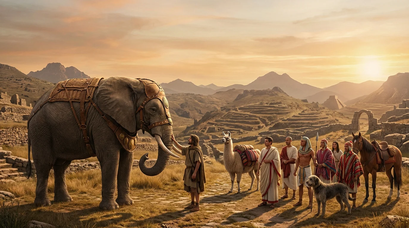 Scène de domestication : un éléphant, lama, cheval et chien avec des figures de civilisations anciennes dans un paysage aride.