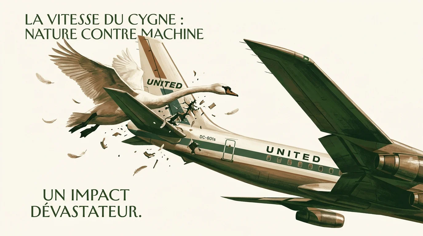 Illustration d'une collision entre un cygne et un avion de ligne en plein vol