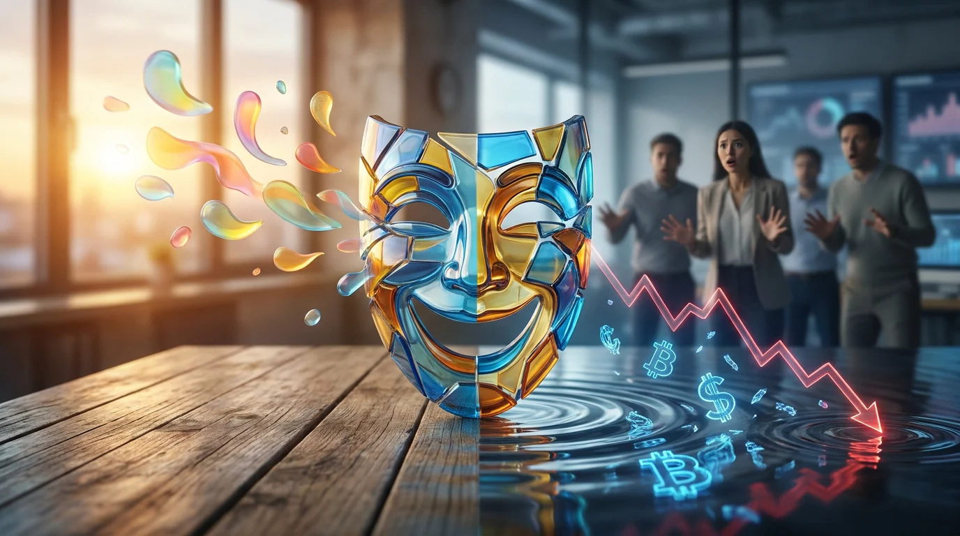 Masque bicolore souriant/triste sur une table. À gauche, des formes vives ; à droite, des symboles financiers en chute, gens choqués.