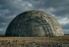 Grand dôme de béton gris fissuré, couvert de mousse, dans un paysage aride et rocailleux sous un ciel sombre et nuageux.