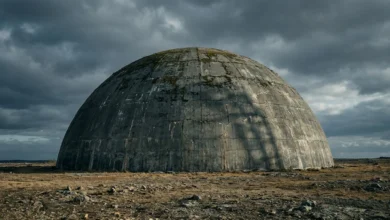 Grand dôme de béton gris fissuré, couvert de mousse, dans un paysage aride et rocailleux sous un ciel sombre et nuageux.
