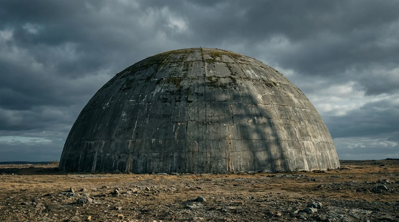 Grand dôme de béton gris fissuré, couvert de mousse, dans un paysage aride et rocailleux sous un ciel sombre et nuageux.