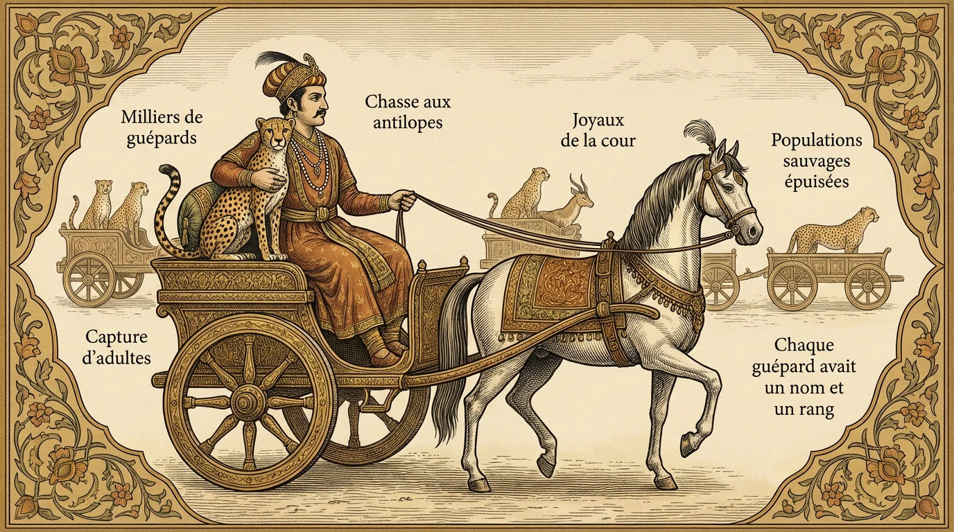 Représentation historique de la chasse au guépard sous l'Empire moghol avec l'empereur Akbar
