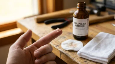 Résidu de super glue séchée sur un doigt, avec un chiffon imbibé d'acétone posé sur un établi en bois