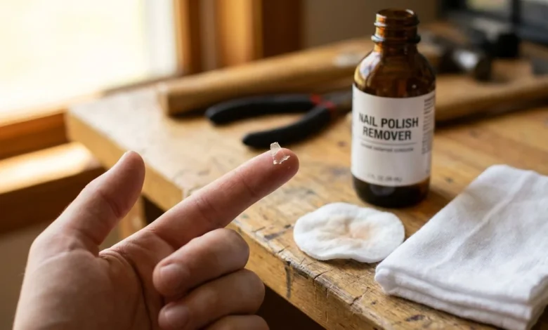 Résidu de super glue séchée sur un doigt, avec un chiffon imbibé d'acétone posé sur un établi en bois