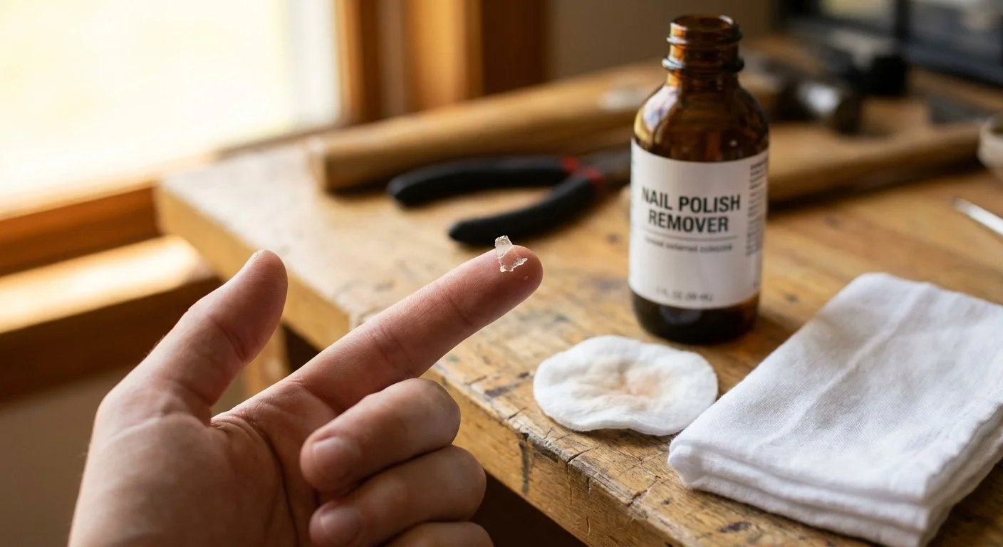 Résidu de super glue séchée sur un doigt, avec un chiffon imbibé d'acétone posé sur un établi en bois